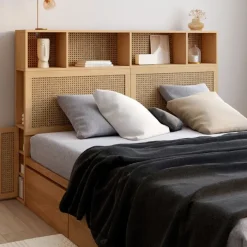 Tête de lit 145 cm en cannage avec rangements fermés et niches
