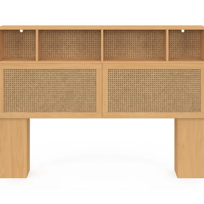 Tête de lit 145 cm en cannage avec rangements fermés et niches