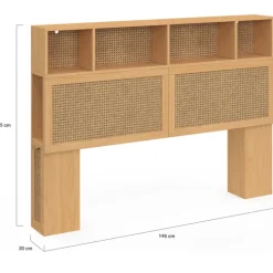 Tête de lit 145 cm en cannage avec rangements fermés et niches