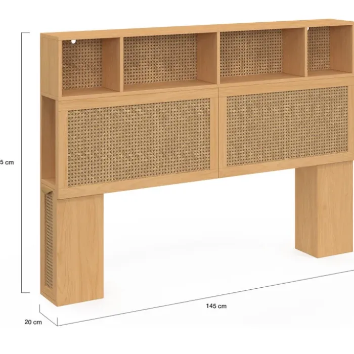 Tête de lit 145 cm en cannage avec rangements fermés et niches