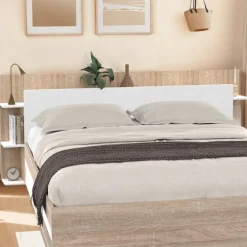 Tête de lit avec rangements blanc et bois sur pied