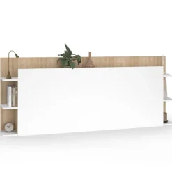 Tête de lit avec rangements blanc et bois sur pied