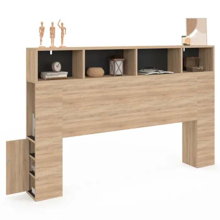 Tête de lit avec rangement intégré bois façon hêtre et noir 165 cm