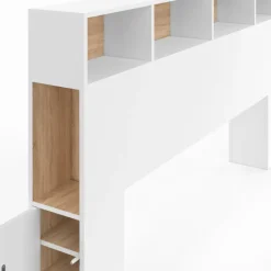 Tête de lit avec rangement intégré 145 cm blanc et bois façon hêtre