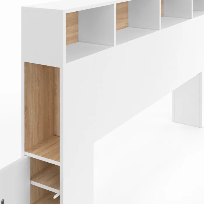 Tête de lit avec rangement intégré 145 cm blanc et bois façon hêtre