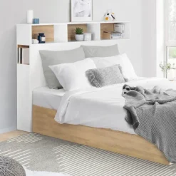 Tête de lit avec rangement intégré 145 cm blanc et bois façon hêtre