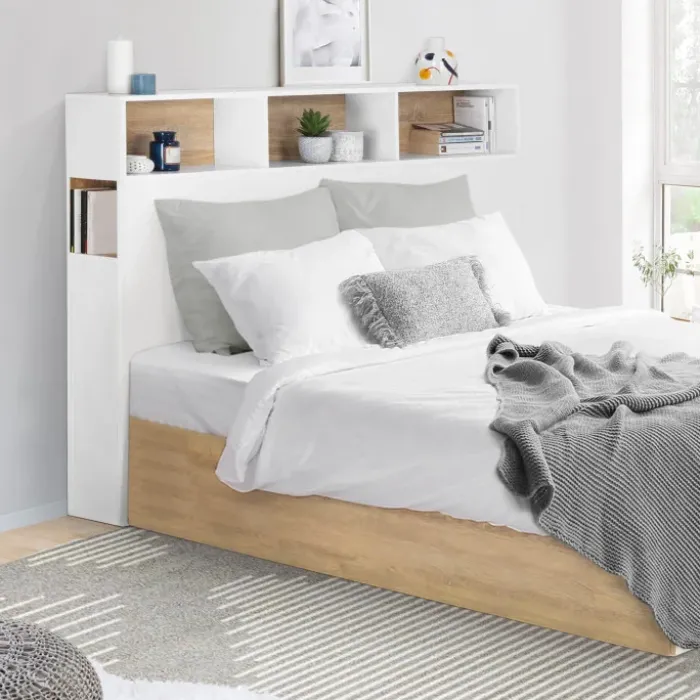 Tête de lit avec rangement intégré 145 cm blanc et bois façon hêtre