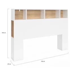 Tête de lit avec rangement intégré 145 cm blanc et bois façon hêtre