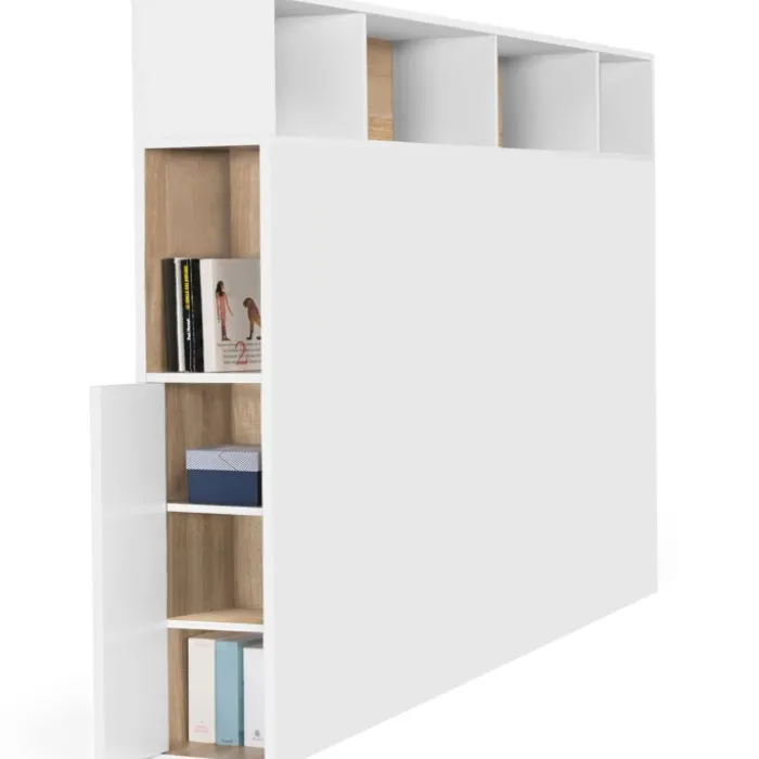 Tête de lit avec rangement intégré 165 cm blanc et bois façon hêtre