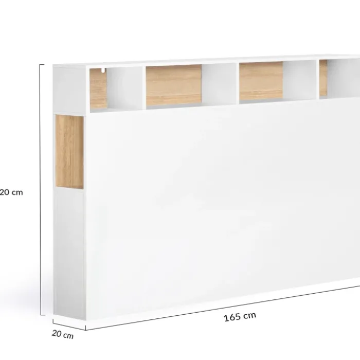 Tête de lit avec rangement intégré 165 cm blanc et bois façon hêtre
