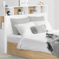 Tête de lit avec rangement intégré 165 cm blanc et bois façon hêtre