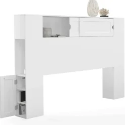 Tête de lit blanche 145 cm avec rangements fermés et niches