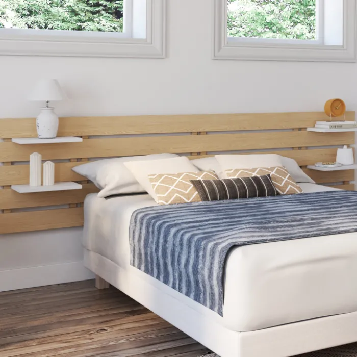 Tête de lit bois clair étagères blanches 5 larges lattes 240 cm