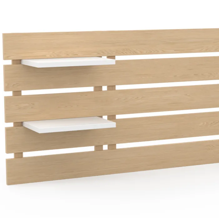 Tête de lit bois clair étagères blanches 5 larges lattes 240 cm