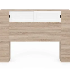 Tête de lit bois et blanc 145 cm avec rangements fermés et niches