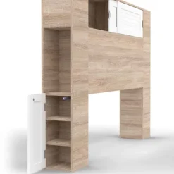 Tête de lit bois et blanc 145 cm avec rangements fermés et niches