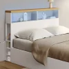 Tête de lit sur pied à LED avec plateau bois 145 cm rangements et niches blanches