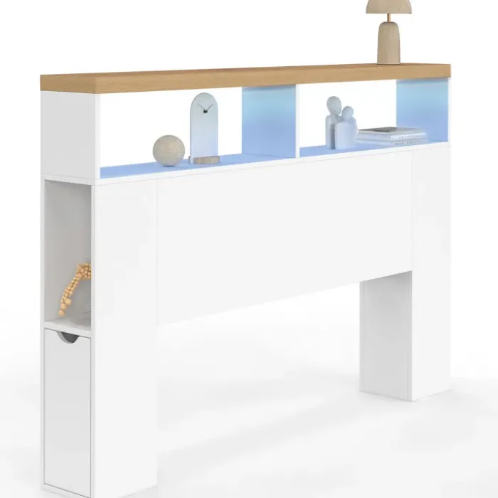 Tête de lit sur pied à LED avec plateau bois 145 cm rangements et niches blanches