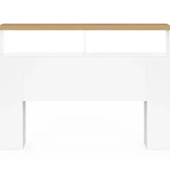 Tête de lit sur pied à LED avec plateau bois 145 cm rangements et niches blanches