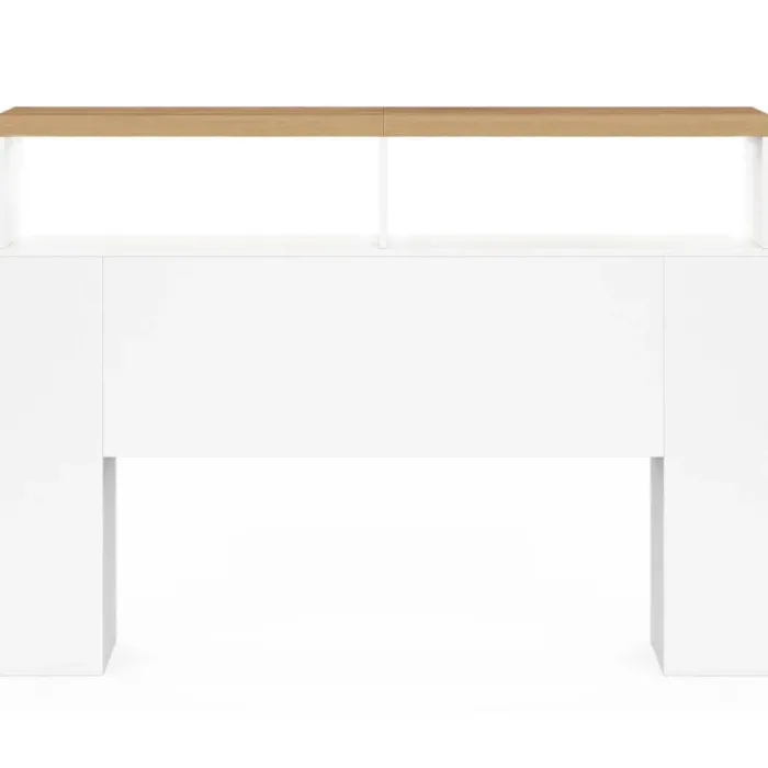 Tête de lit sur pied à LED avec plateau bois 145 cm rangements et niches blanches