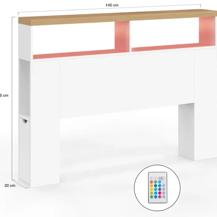 Tête de lit sur pied à LED avec plateau bois 145 cm rangements et niches blanches