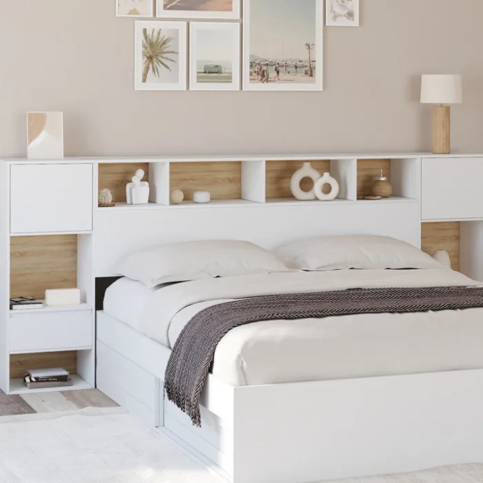 Tête de lit sur pied blanc et bois