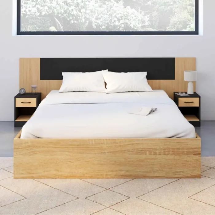 Tête de lit sur pied bois et noir avec chevets modulables