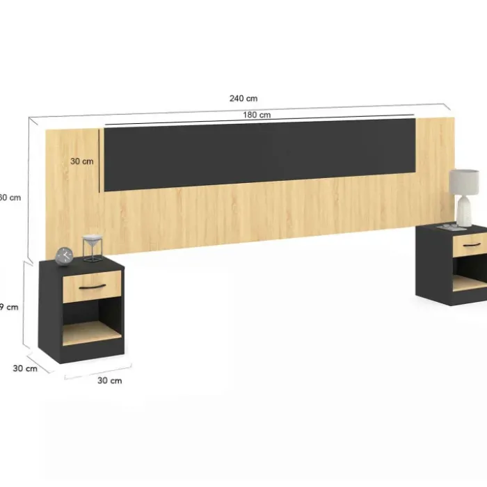 Tête de lit sur pied bois et noir avec chevets modulables