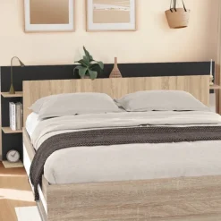 Tête de lit sur pied bois et noir avec rangement pour lit 140-160 cm