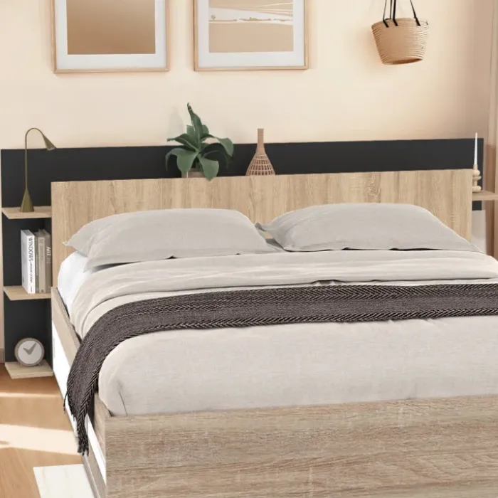 Tête de lit sur pied bois et noir avec rangement pour lit 140-160 cm
