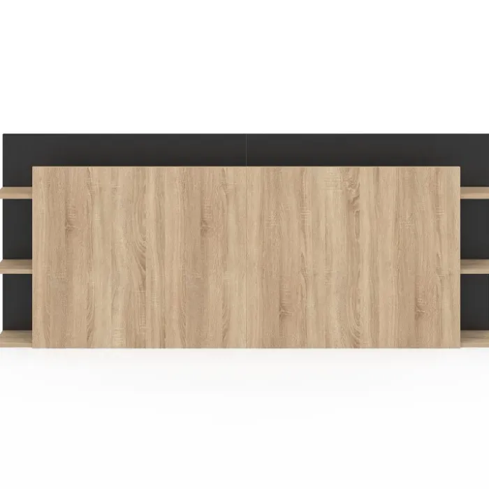 Tête de lit sur pied bois et noir avec rangement pour lit 140-160 cm