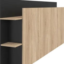 Tête de lit sur pied bois et noir avec rangement pour lit 140-160 cm