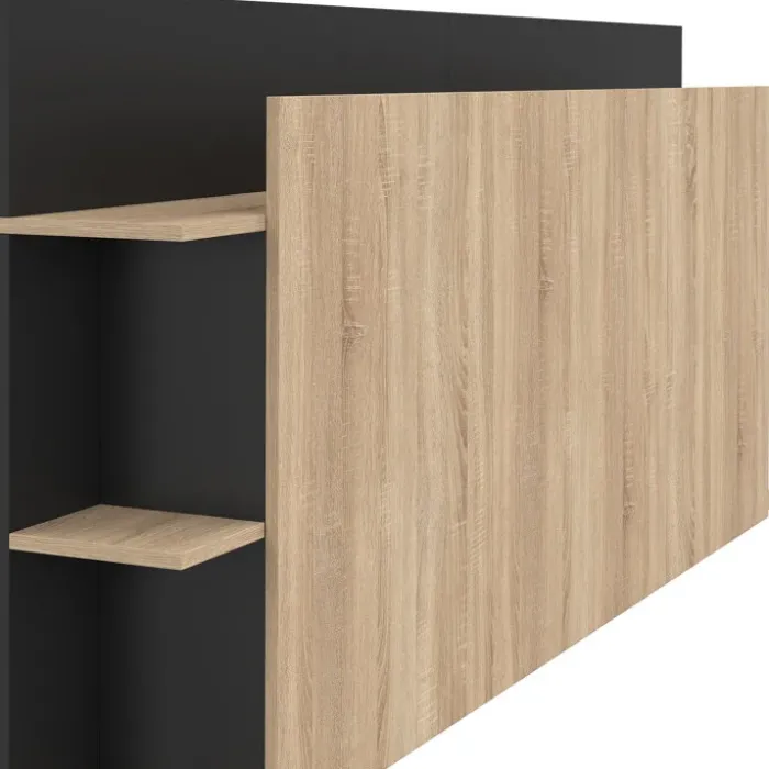 Tête de lit sur pied bois et noir avec rangement pour lit 140-160 cm