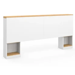 Tête de lit sur pied extensible blanc et façon bois avec chevets