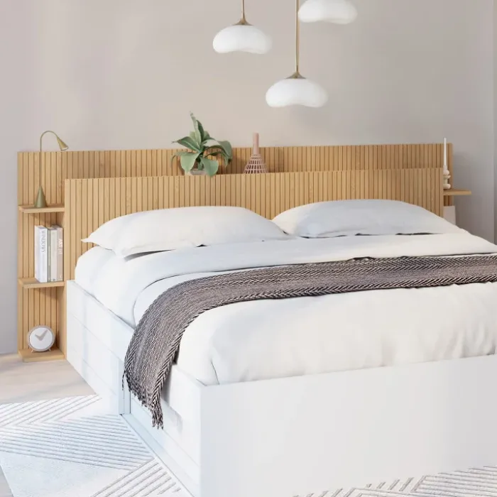 Tête de lit sur pied pour lit 140 et 160 cm avec rangements effet lattes tasseau bois