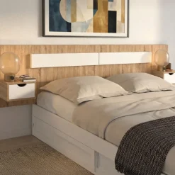 Tête de lit suspendue avec chevets pour lit 140, 160 et 180 cm bois et blanc