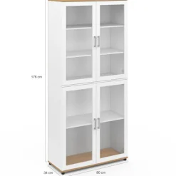 Vaisselier buffet haut 176 cm avec 4 portes vitrées blanc et bois