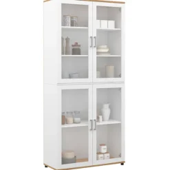Vaisselier buffet haut 176 cm avec 4 portes vitrées blanc et bois