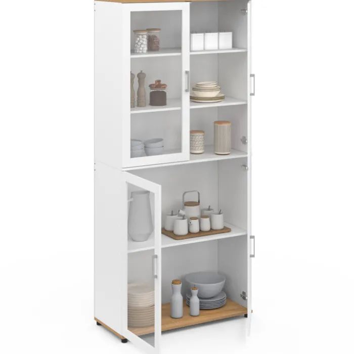 Vaisselier buffet haut 176 cm avec 4 portes vitrées blanc et bois