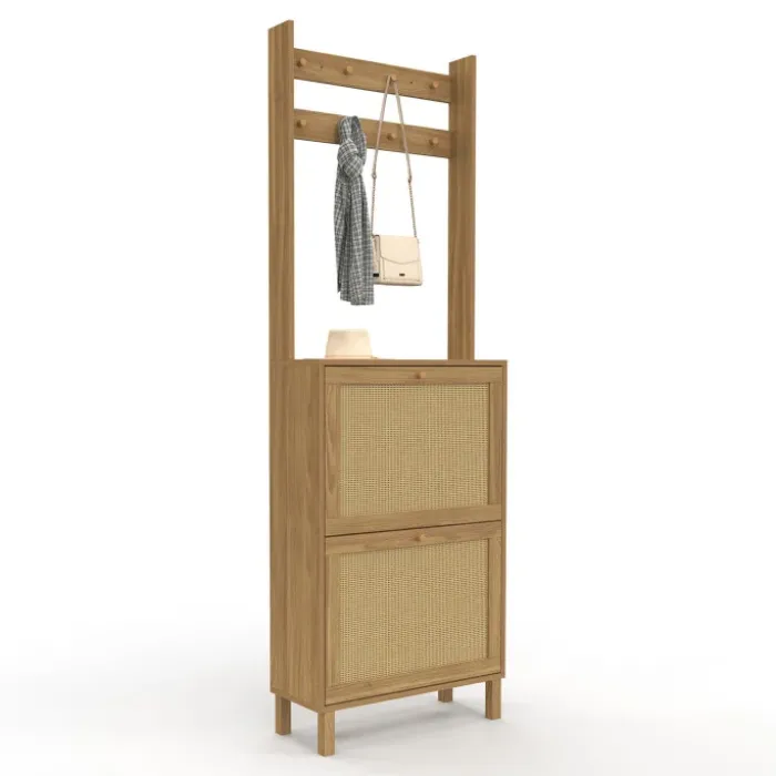 Vestiaire d'entrée 2 portes bois effet naturel cannage meuble chaussures 12 paires