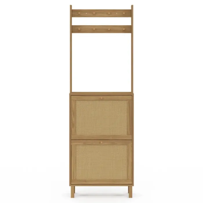 Vestiaire d'entrée 2 portes bois effet naturel cannage meuble chaussures 12 paires