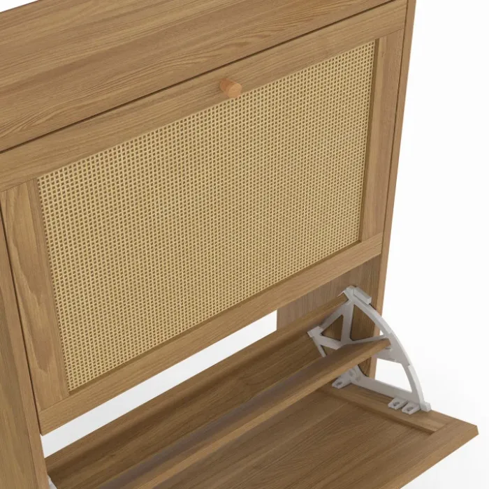 Vestiaire d'entrée 2 portes bois effet naturel cannage meuble chaussures 12 paires