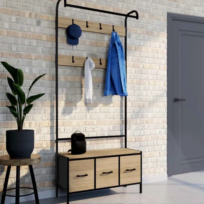 Vestiaire d'entrée avec banc et 3 tiroirs en tissu style industriel