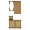 Vestiaire d'entrée avec miroir, placard à chaussure et rangements en bois effet naturel cannage