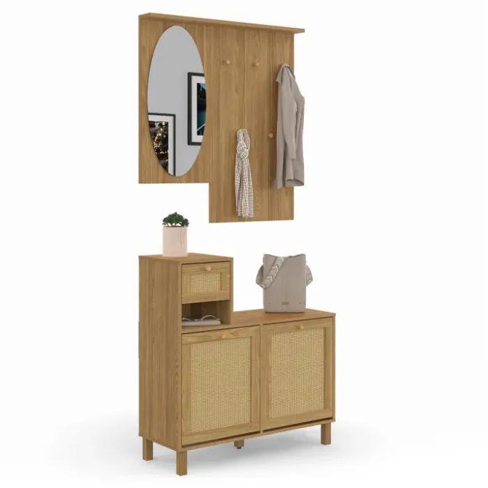 Vestiaire d'entrée avec miroir, placard à chaussure et rangements en bois effet naturel cannage