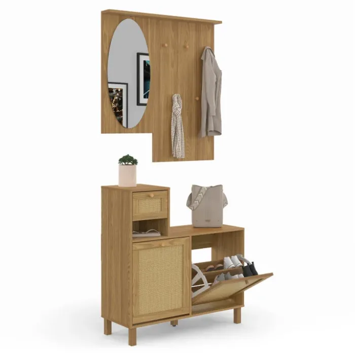 Vestiaire d'entrée avec miroir, placard à chaussure et rangements en bois effet naturel cannage