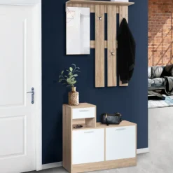 Vestiaire d’entrée avec miroir, porte-manteaux et range-chaussures en lot