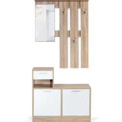 Vestiaire d’entrée avec miroir, porte-manteaux et range-chaussures en lot