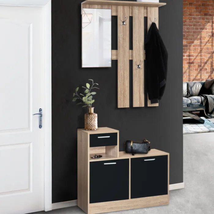 Vestiaire d'entrée avec miroir, porte-manteaux et range-chaussures