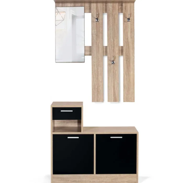 Vestiaire d'entrée avec miroir, porte-manteaux et range-chaussures